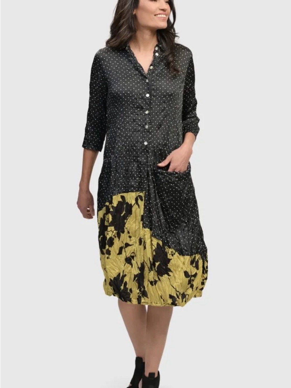 Alembika Polka Dot and Yellow Floral Midi Dress